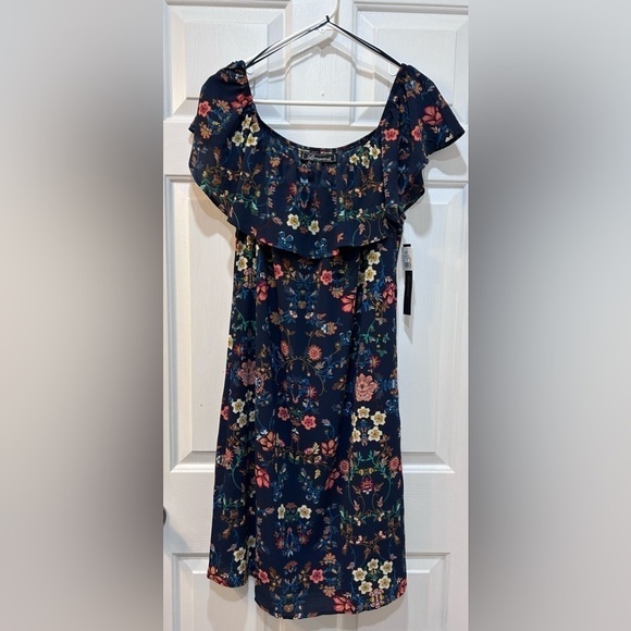 NWT Off Shoulder Flounce Dress Sleeveless Navy Floral Ruffle Bust Women Size L - Picture 1 of 8